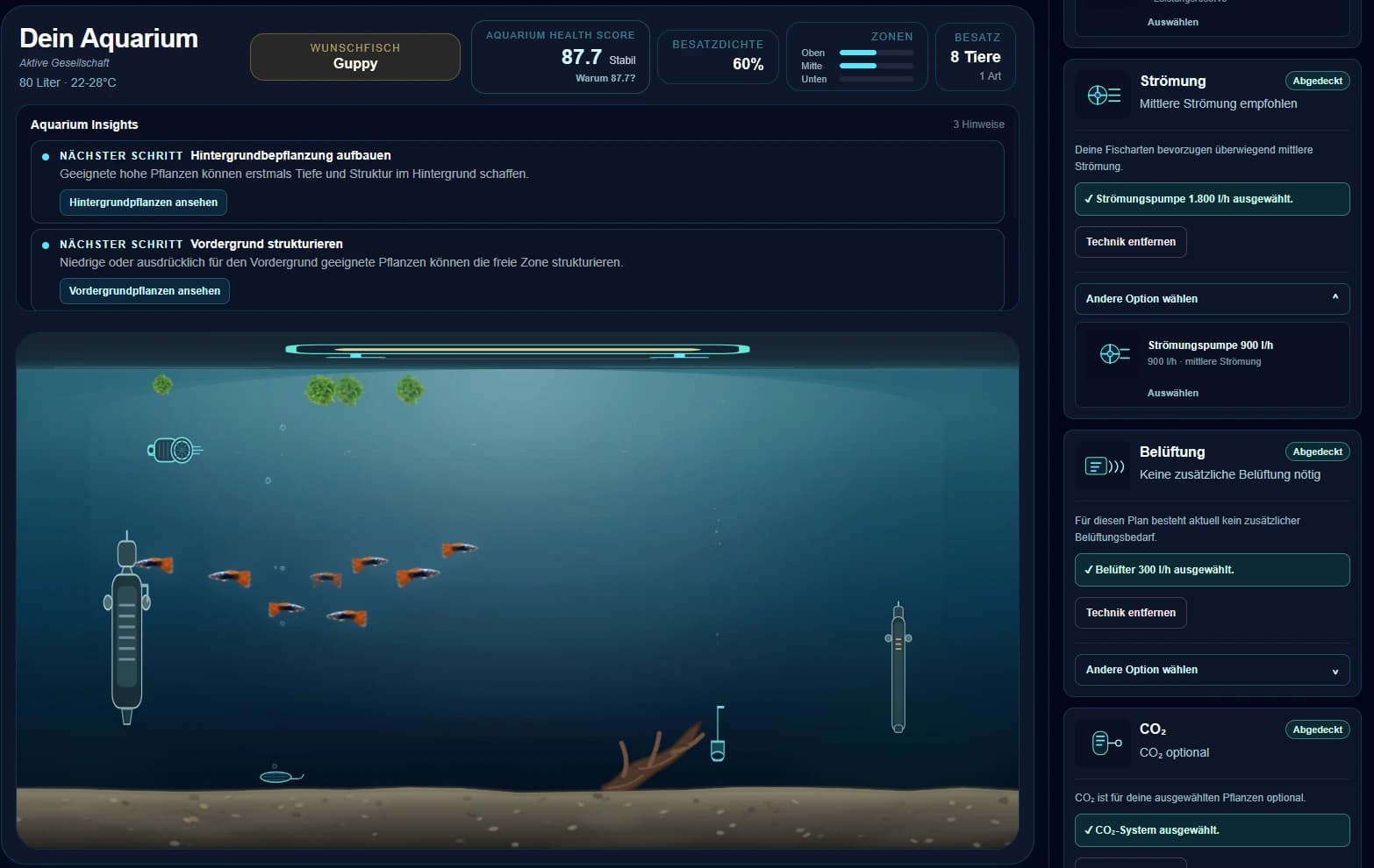 ReefMind-Aquariumplaner mit geplanter Beleuchtung, Filterung, Heizung, CO₂ und sichtbarem Fisch- und Pflanzenbesatz