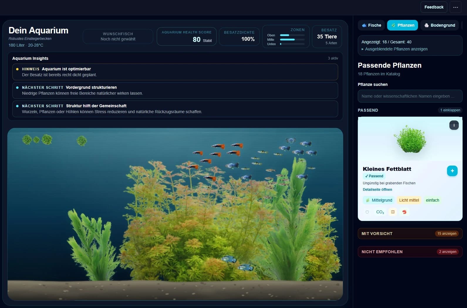 ReefMind-Pflanzenplanung mit Aquariumansicht, Pflanzenkatalog und Filterleiste