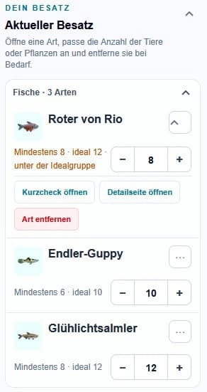 Kompakte Besatzverwaltung mit Roter von Rio, weiteren Fischen und Mengensteuerung