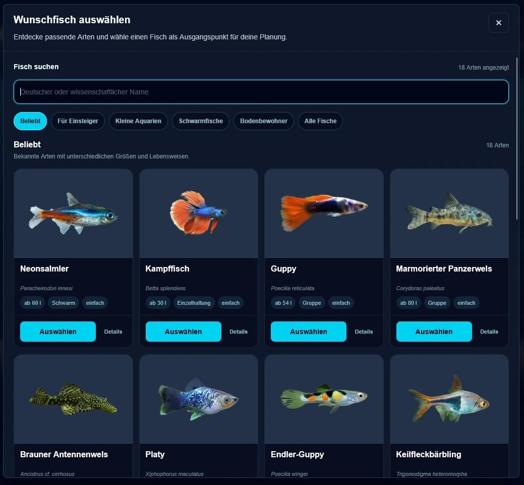 Visuelle ReefMind-Wunschfisch-Auswahl mit Fischkarten, Suchfeld und Entdeckungskategorien